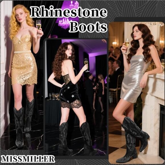 Women's Rhinestone Cowboy Boots Mid Calf Cowgirl Boots Pointed Toe Chunky Heel - Picture 5 of 7